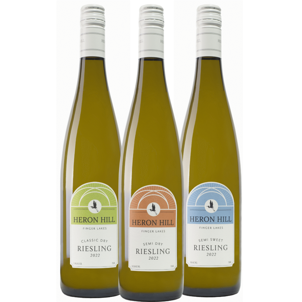 Three bottles of Heron Hill Riesling